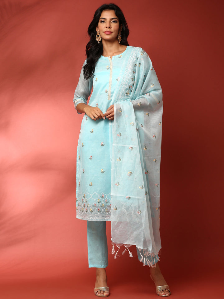 Neerus Blue Kota thread embroidered suit set - detail view 2