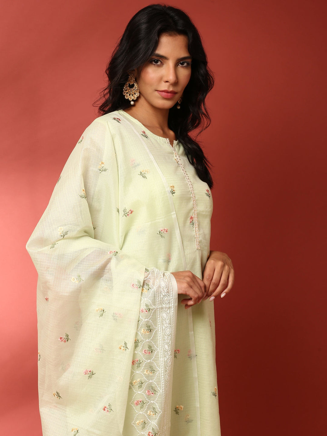 Neerus Green Kota thread embroidered suit set - back view