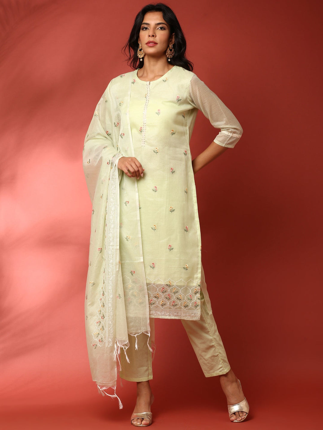 Neerus Green Kota thread embroidered suit set - front view