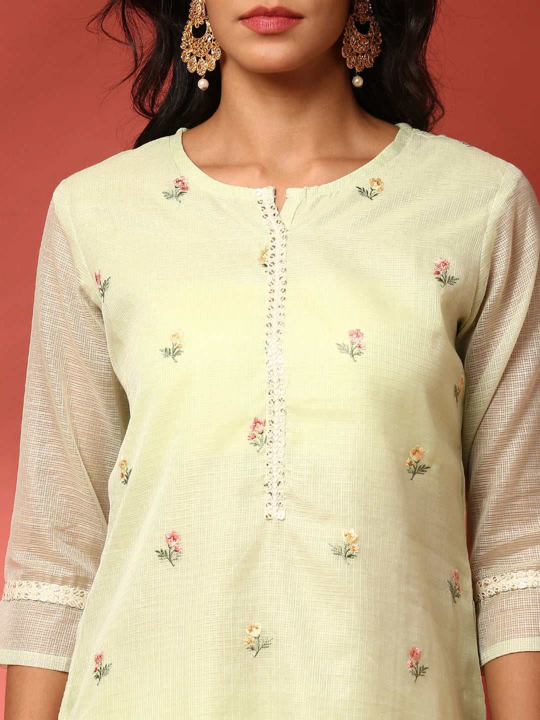 Neerus Green Kota thread embroidered suit set - side view