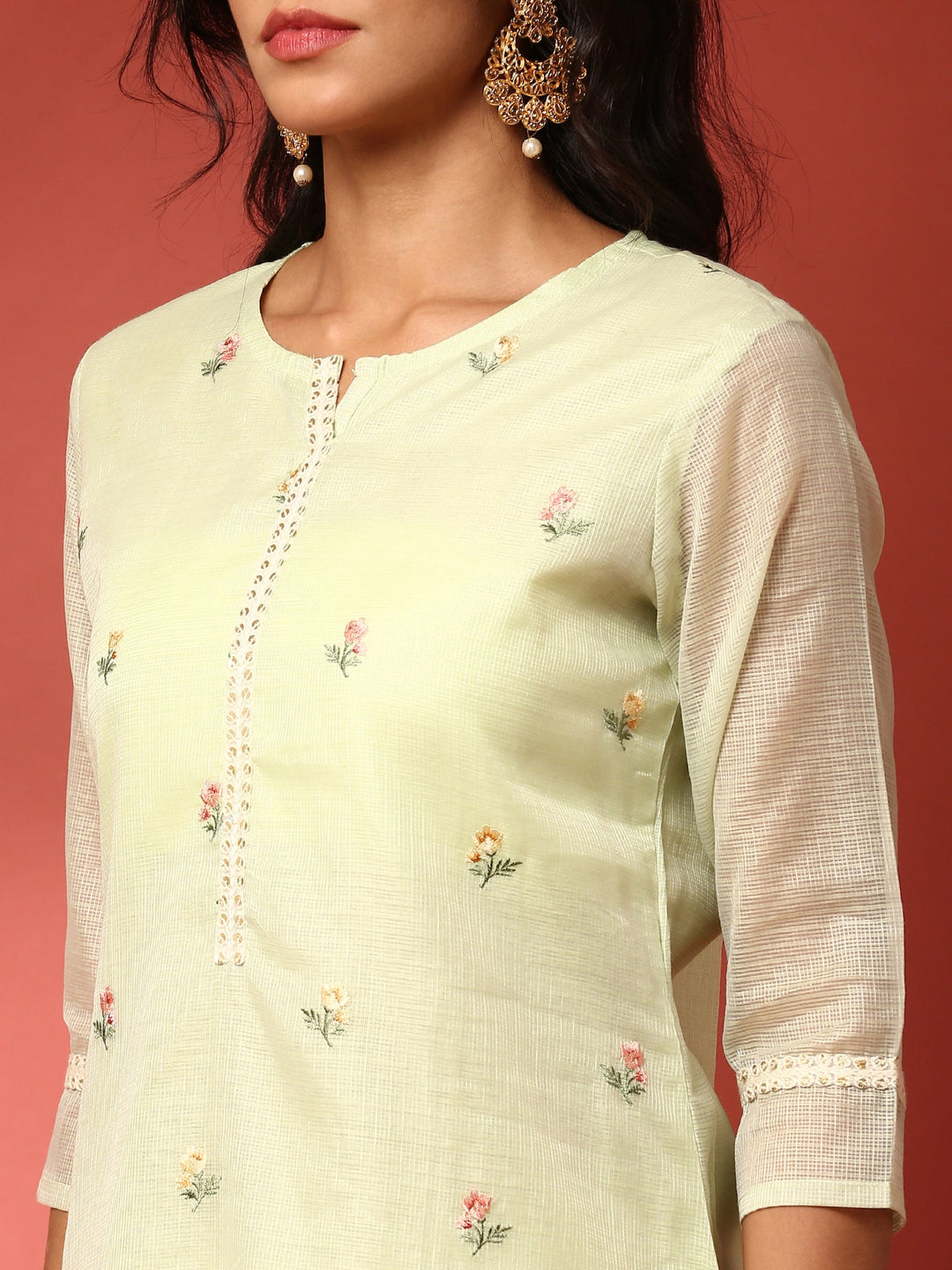 Neerus Green Kota thread embroidered suit set - detail view 1