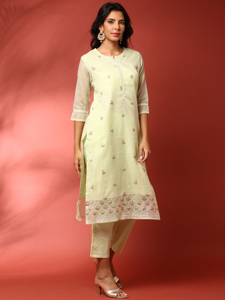 Neerus Green Kota thread embroidered suit set - detail view 2