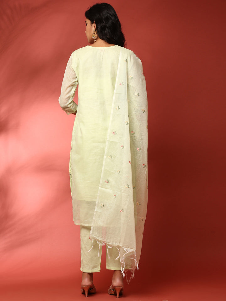 Pista Green Kota doriya Resham thread work three piece suit set