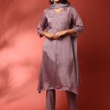 Lilac chinon embroidered three piece suit set