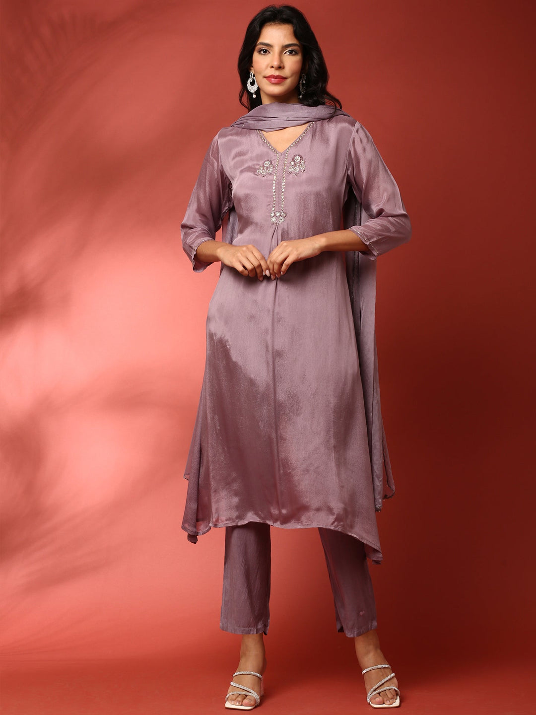 Neerus Purple chinon embroidered suit set - front view