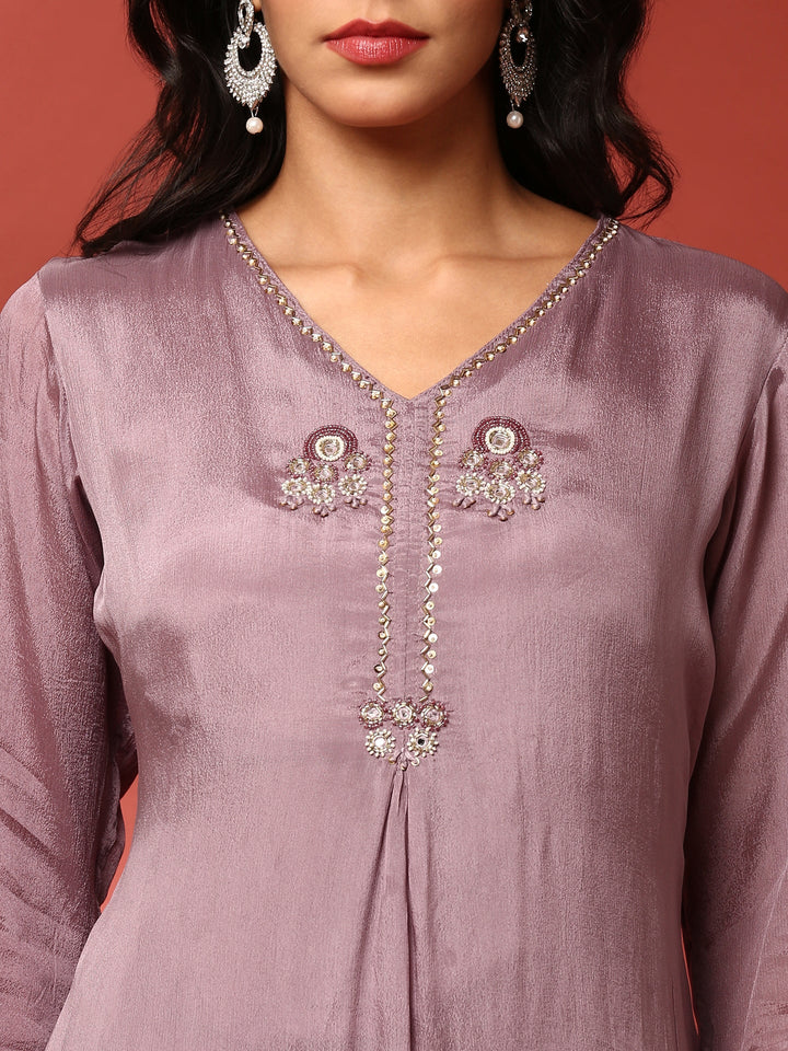 Lilac chinon embroidered three piece suit set