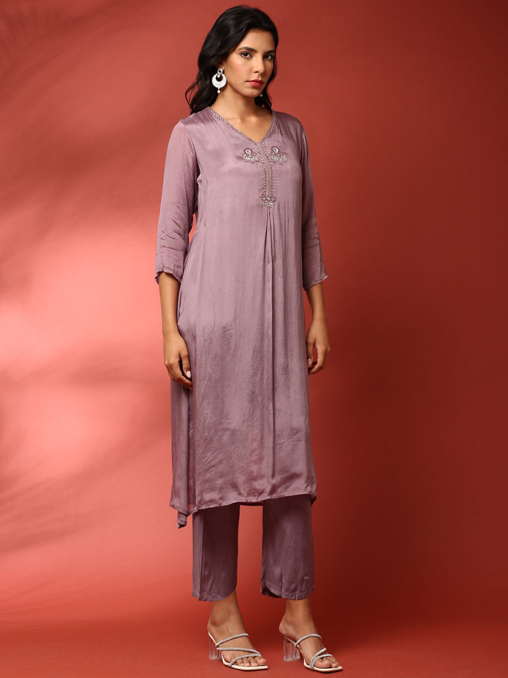 Lilac chinon embroidered three piece suit set
