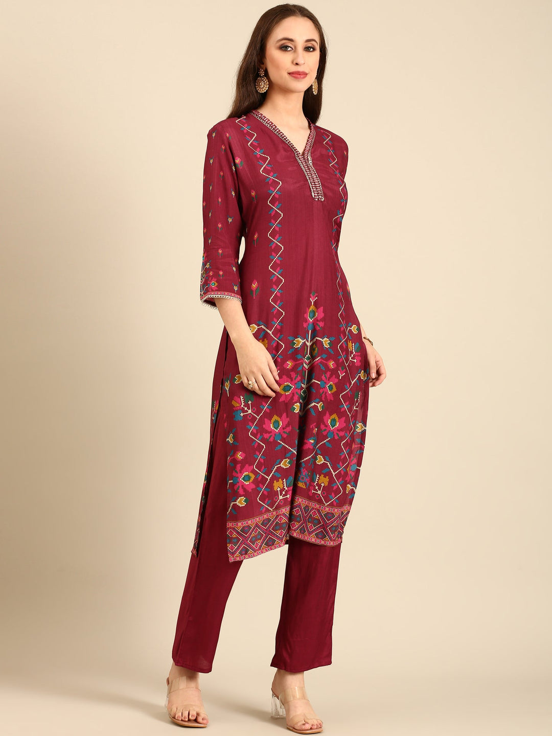 Neerus Maroon muslin digital printed suit set - side view