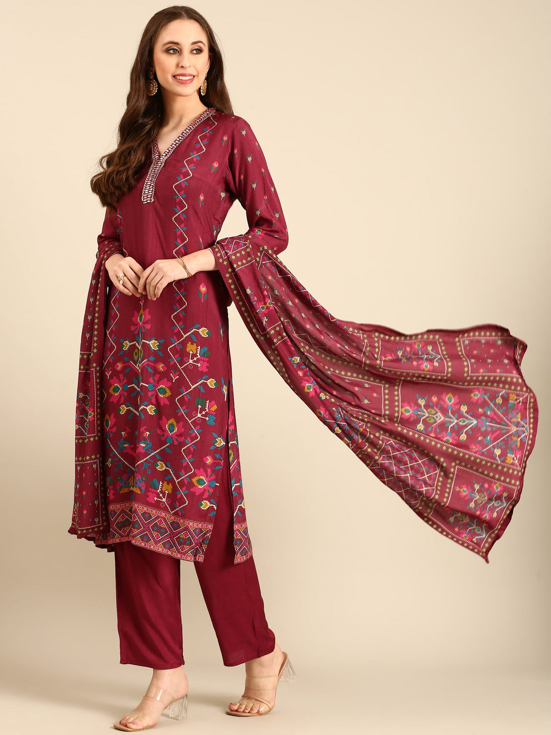 Neerus Maroon muslin digital printed suit set - front view