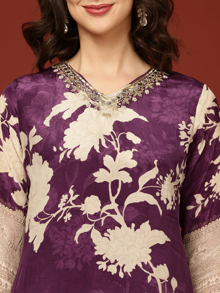 Purple Crepe Floral Printed Three Piece Set