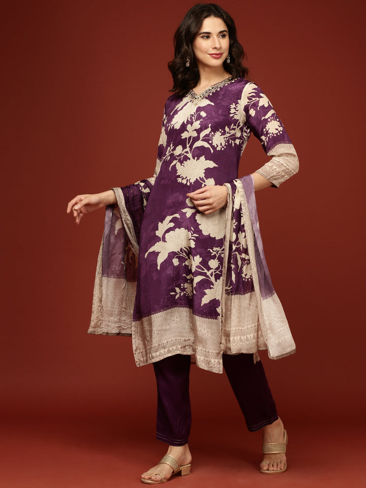 Purple Crepe Floral Printed Three Piece Set