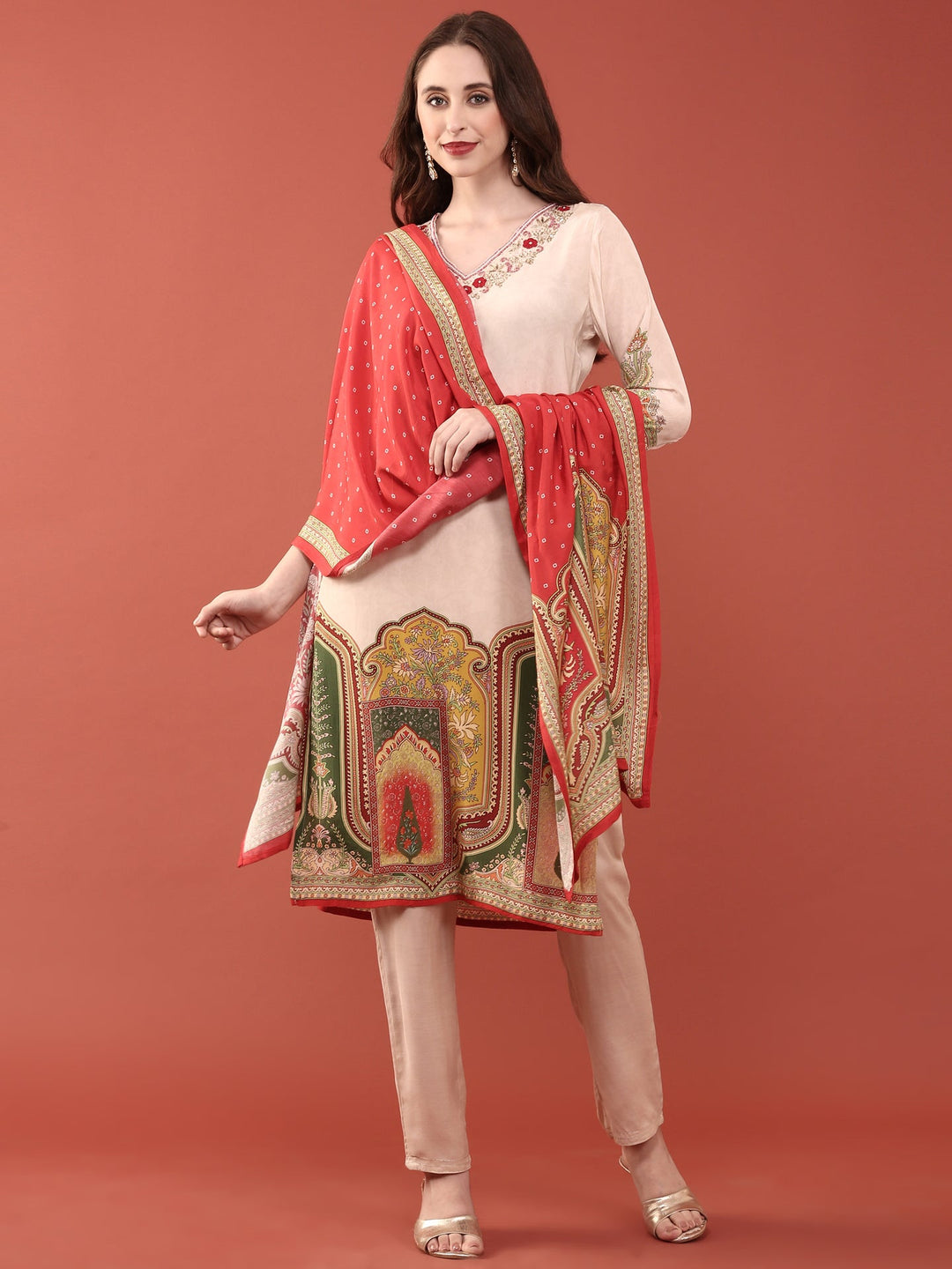 Neerus Beige crepe digital printed suit set - front view