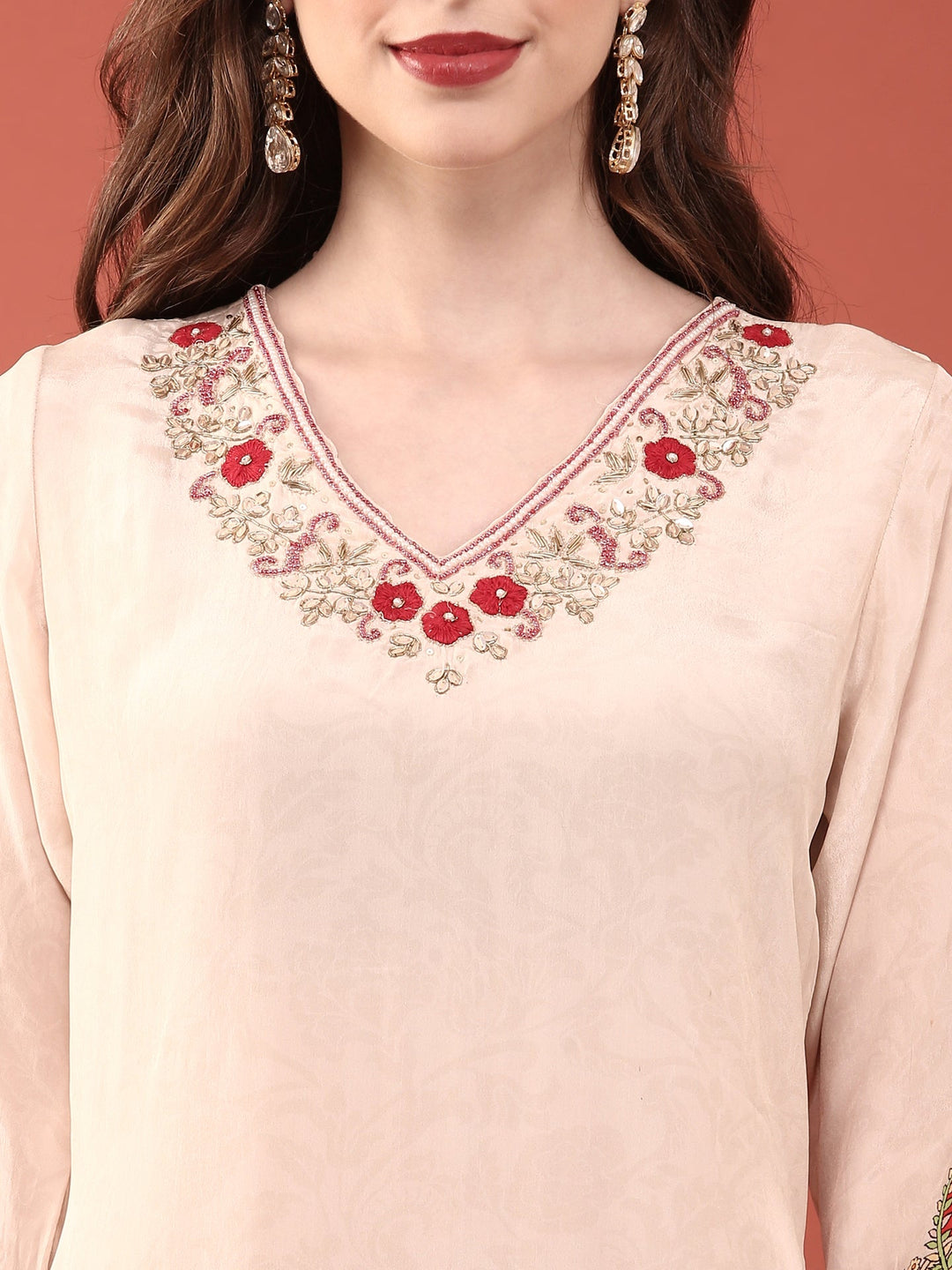 Neerus Beige crepe digital printed suit set - detail view 1