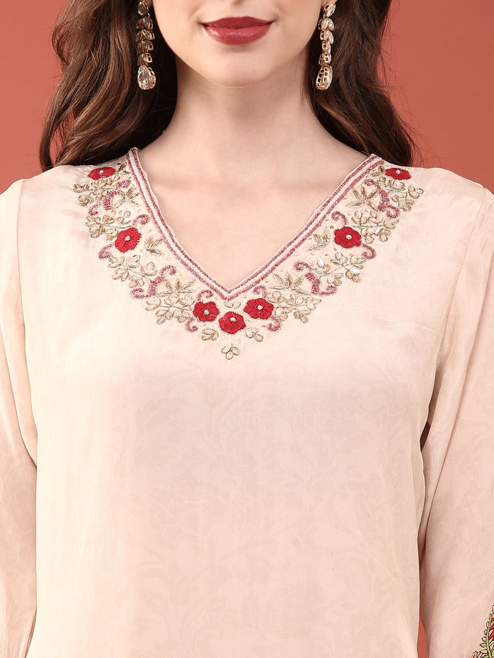 Neerus Beige crepe digital printed suit set - detail view 1