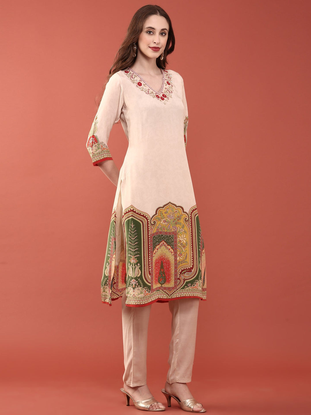 Neerus Beige crepe digital printed suit set - back view