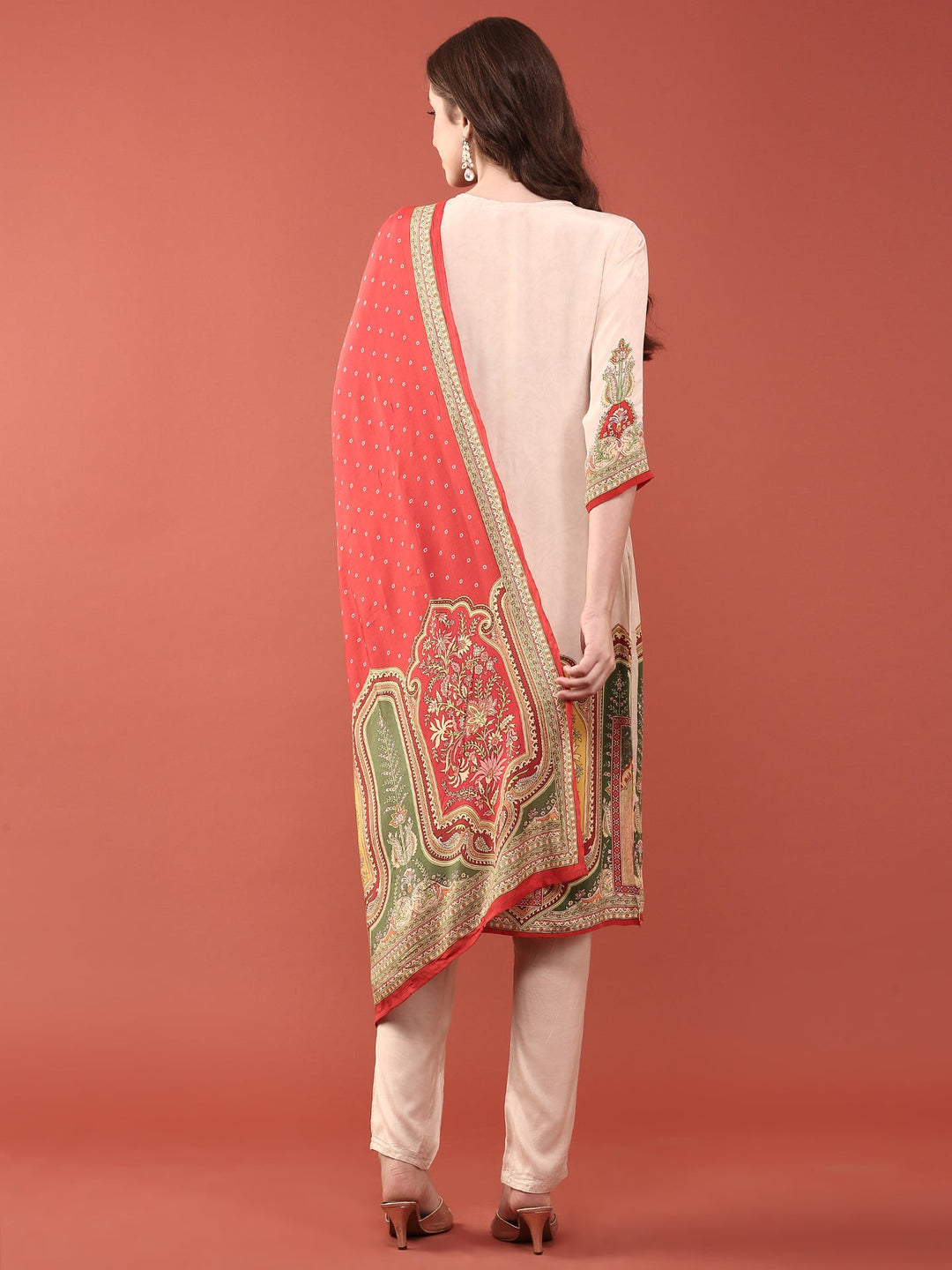 Neerus Beige crepe digital printed suit set - side view