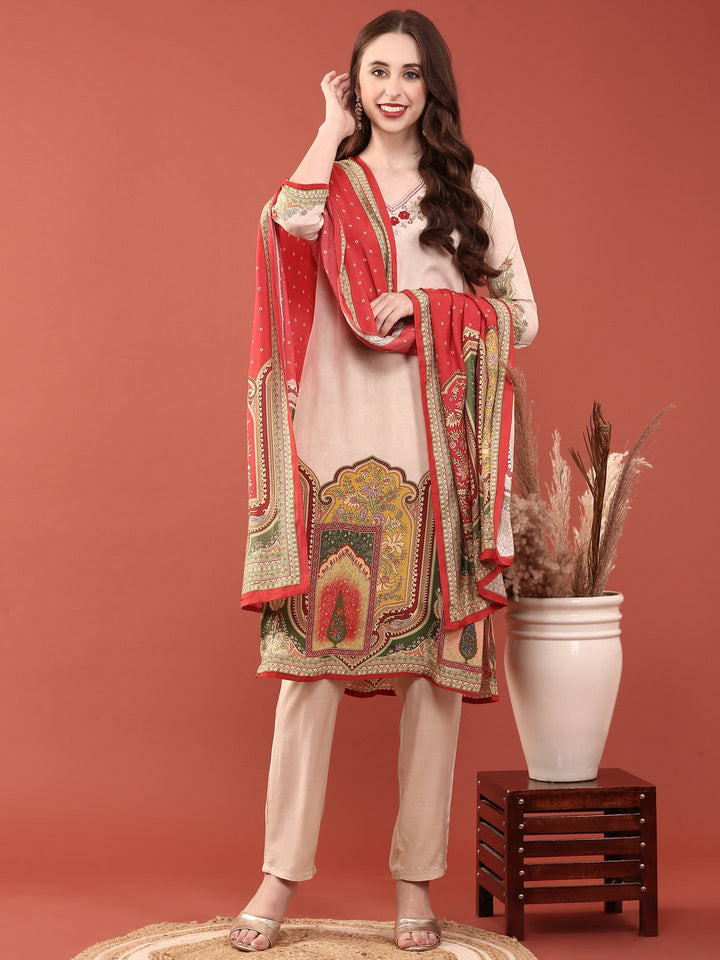Neerus Beige crepe digital printed suit set - detail view 2