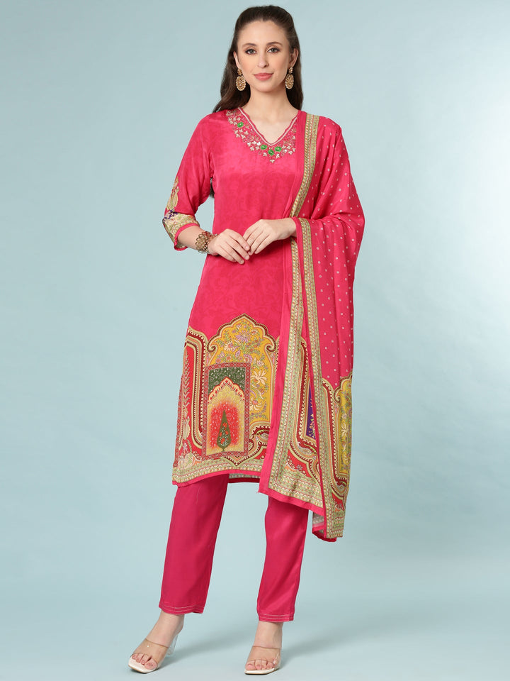 Neerus Pink crepe digital printed suit set - front view