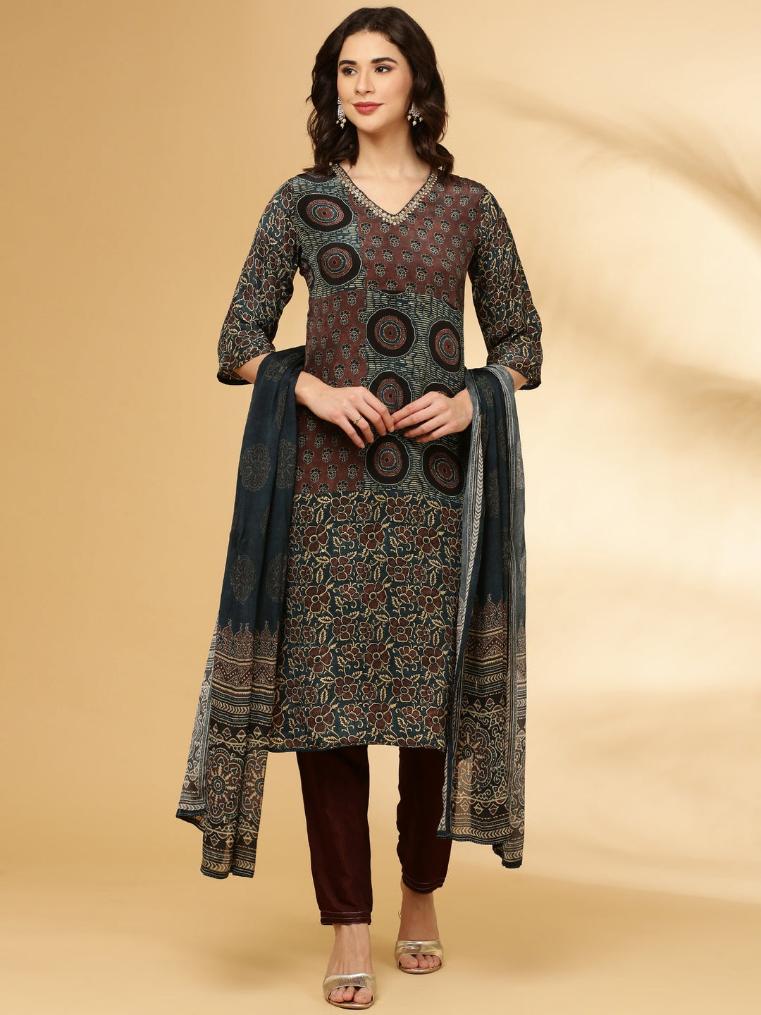 Neerus Brown crepe printed suit set - front view