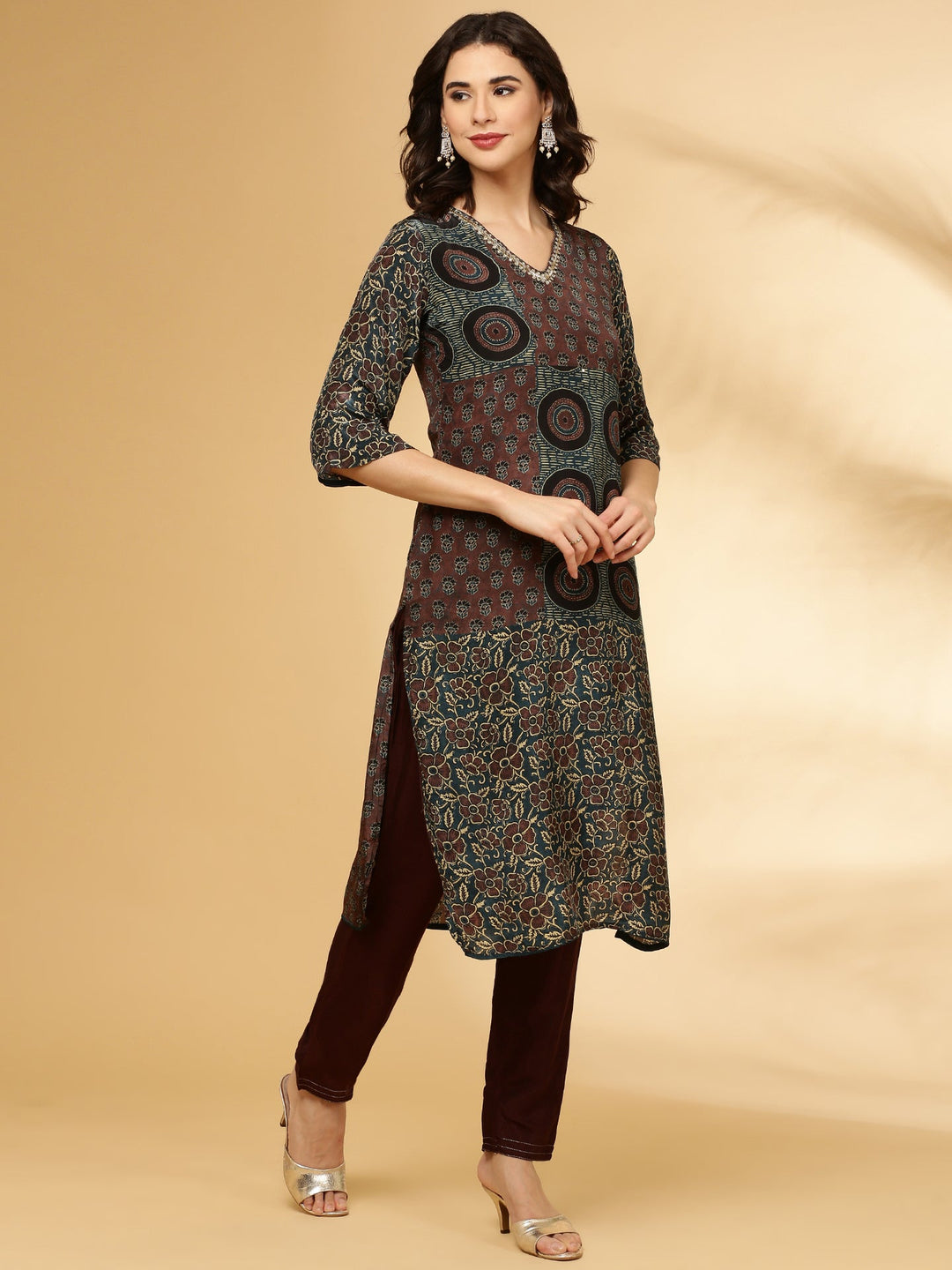 Neerus Brown crepe printed suit set - back view