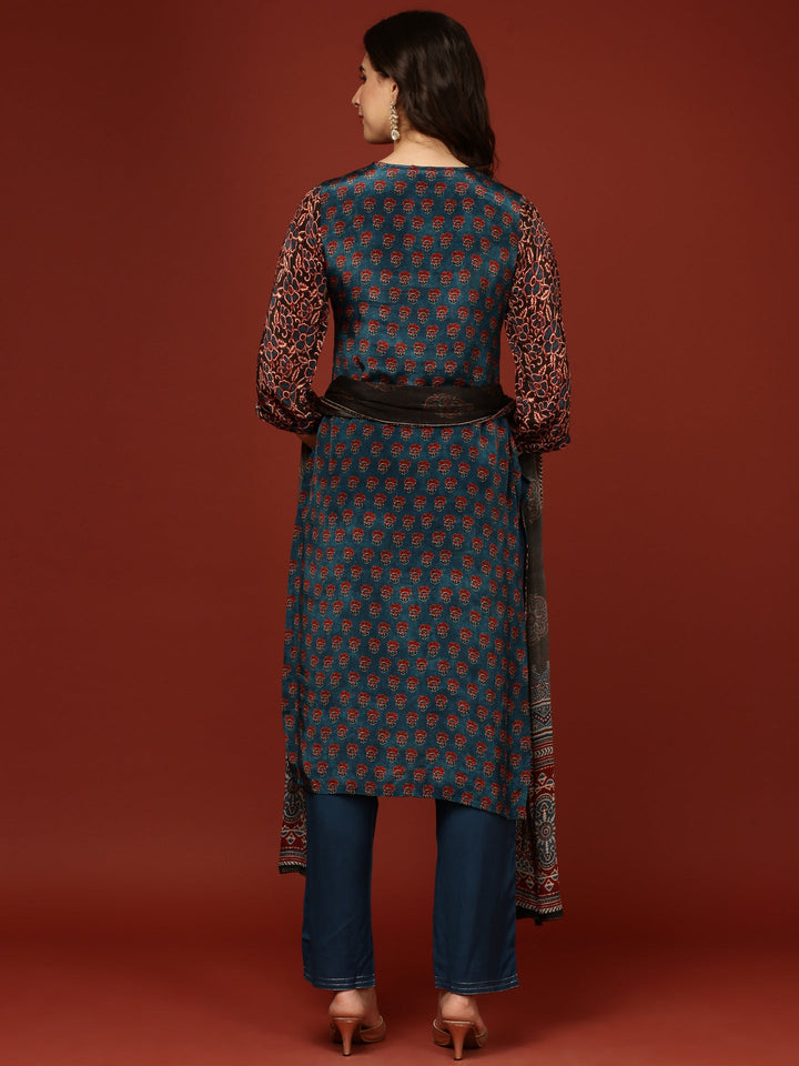 Teal Blue Crepe Printed Three Piece Set