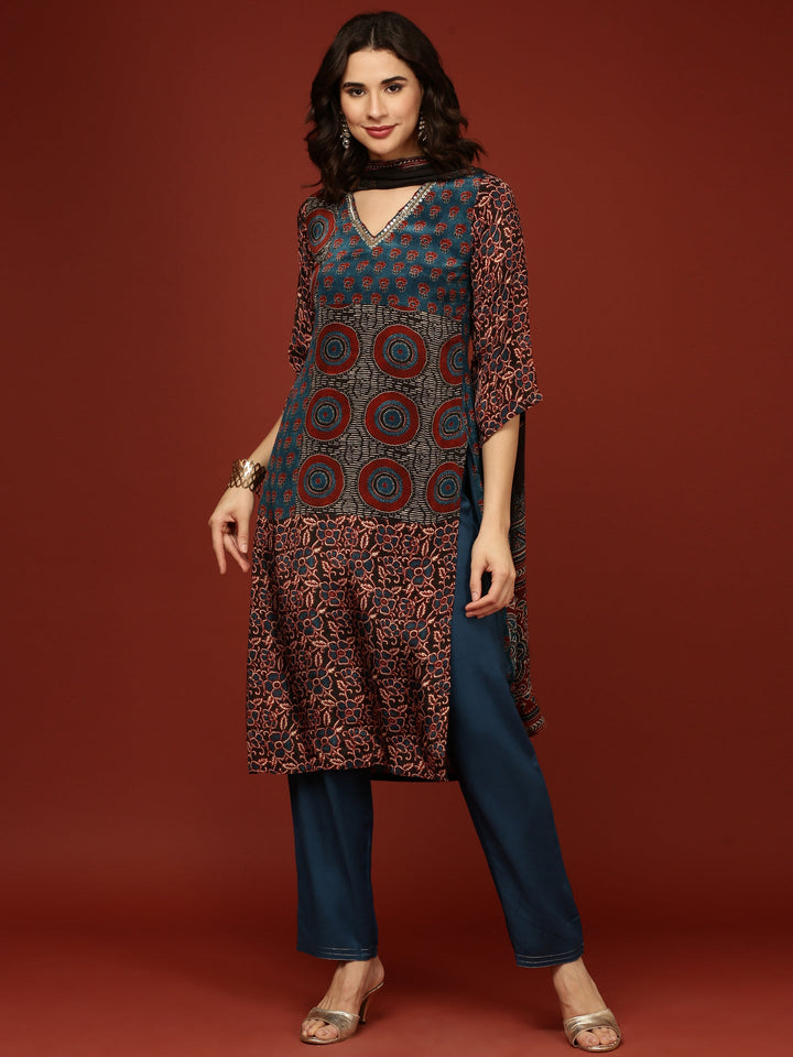 Teal Blue Crepe Printed Three Piece Set