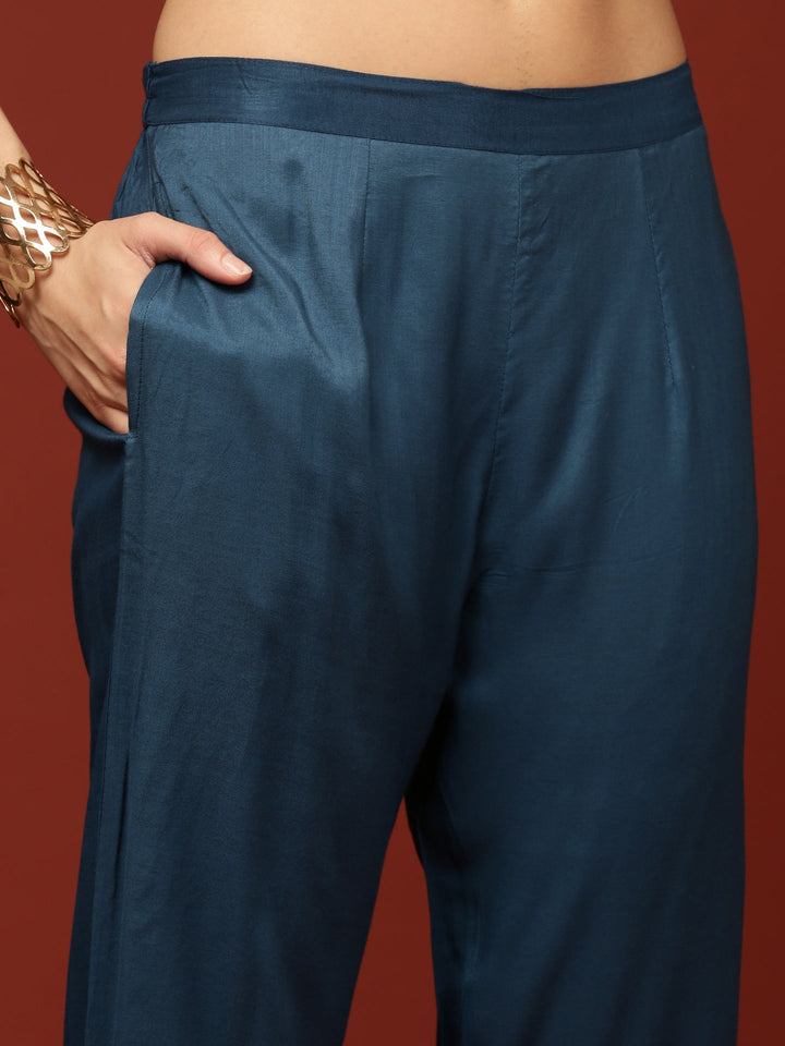 Teal Blue Crepe Printed Three Piece Set