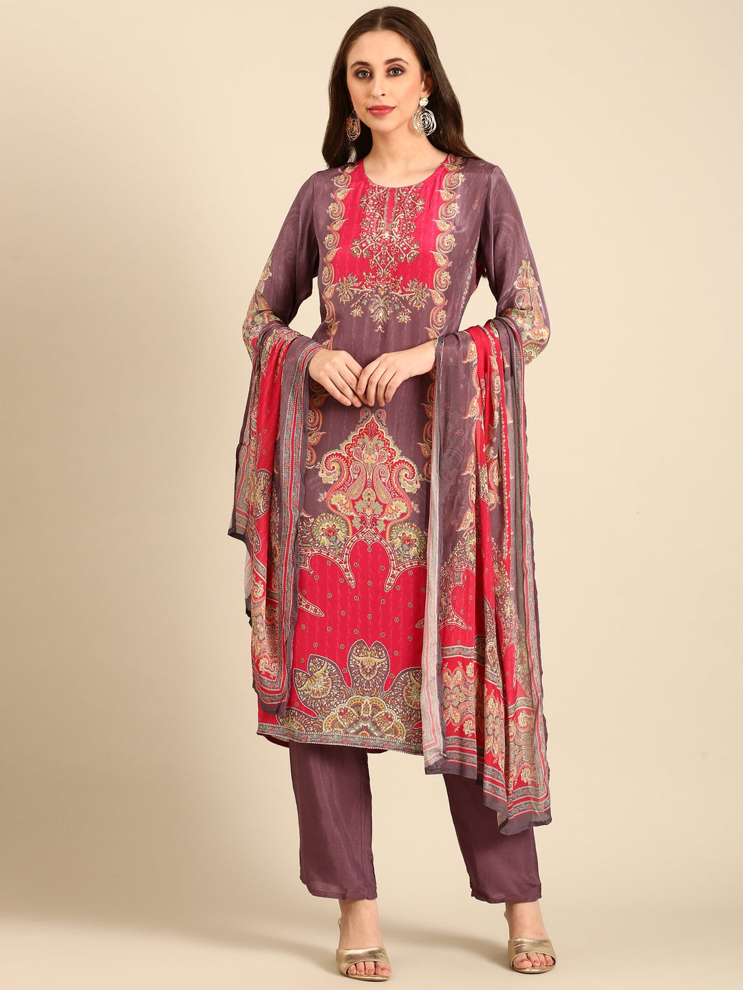 Neerus Purple crepe digital printed suit set - back view