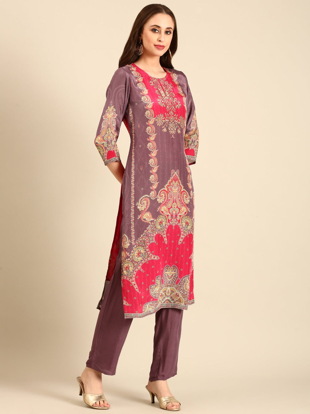 Neerus Purple crepe digital printed suit set - side view