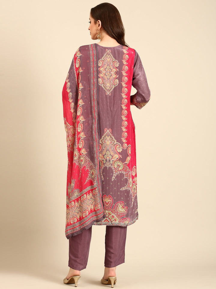 Light purple Digital printed three piece Crepe suit set