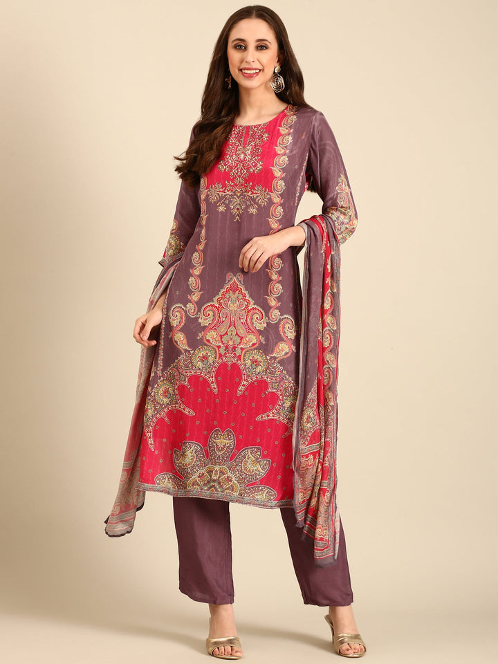 Neerus Purple crepe digital printed suit set - front view