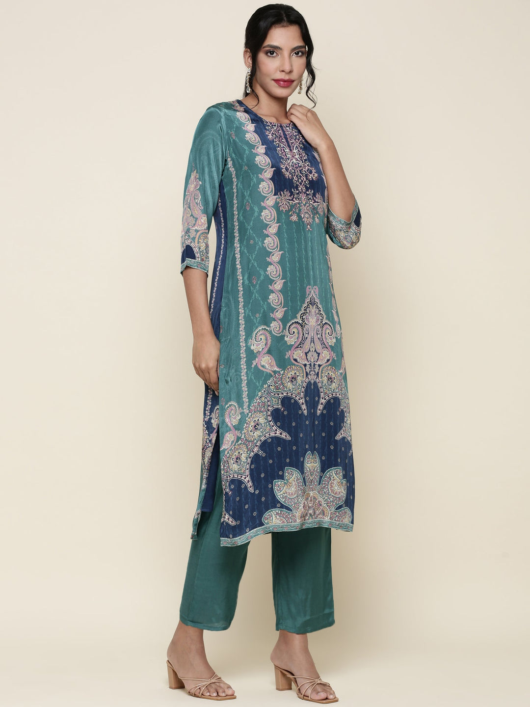 Neerus Green crepe digital printed suit set - back view