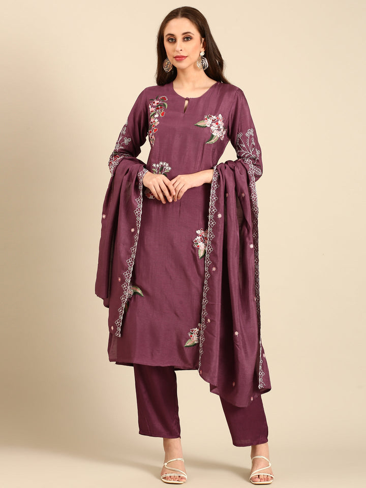 Wine thread and sequins embroidered three piece suit set