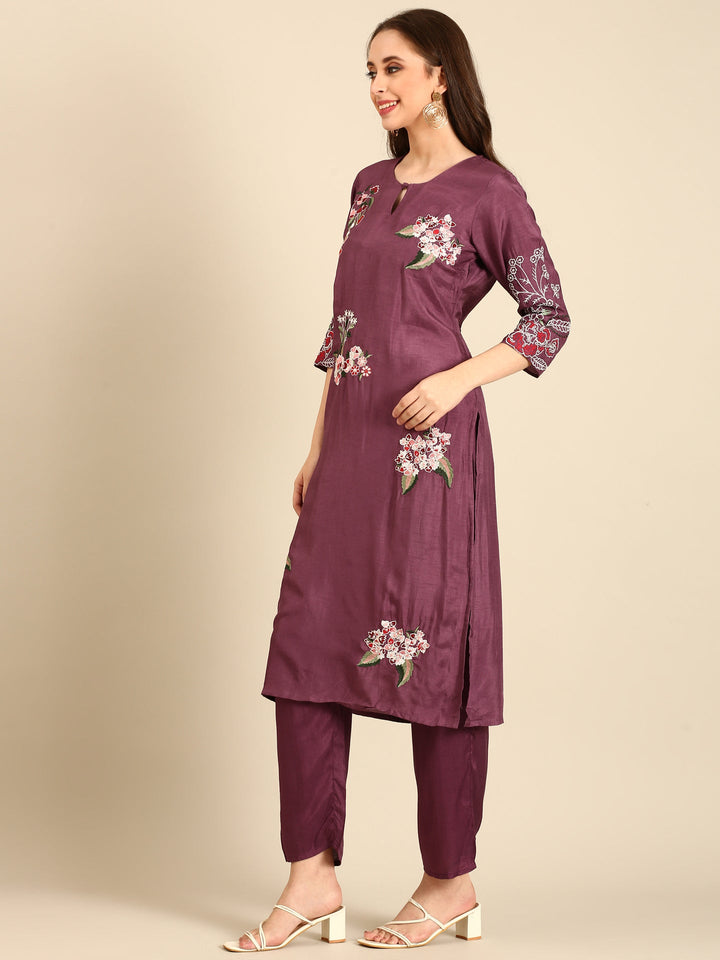 Wine thread and sequins embroidered three piece suit set