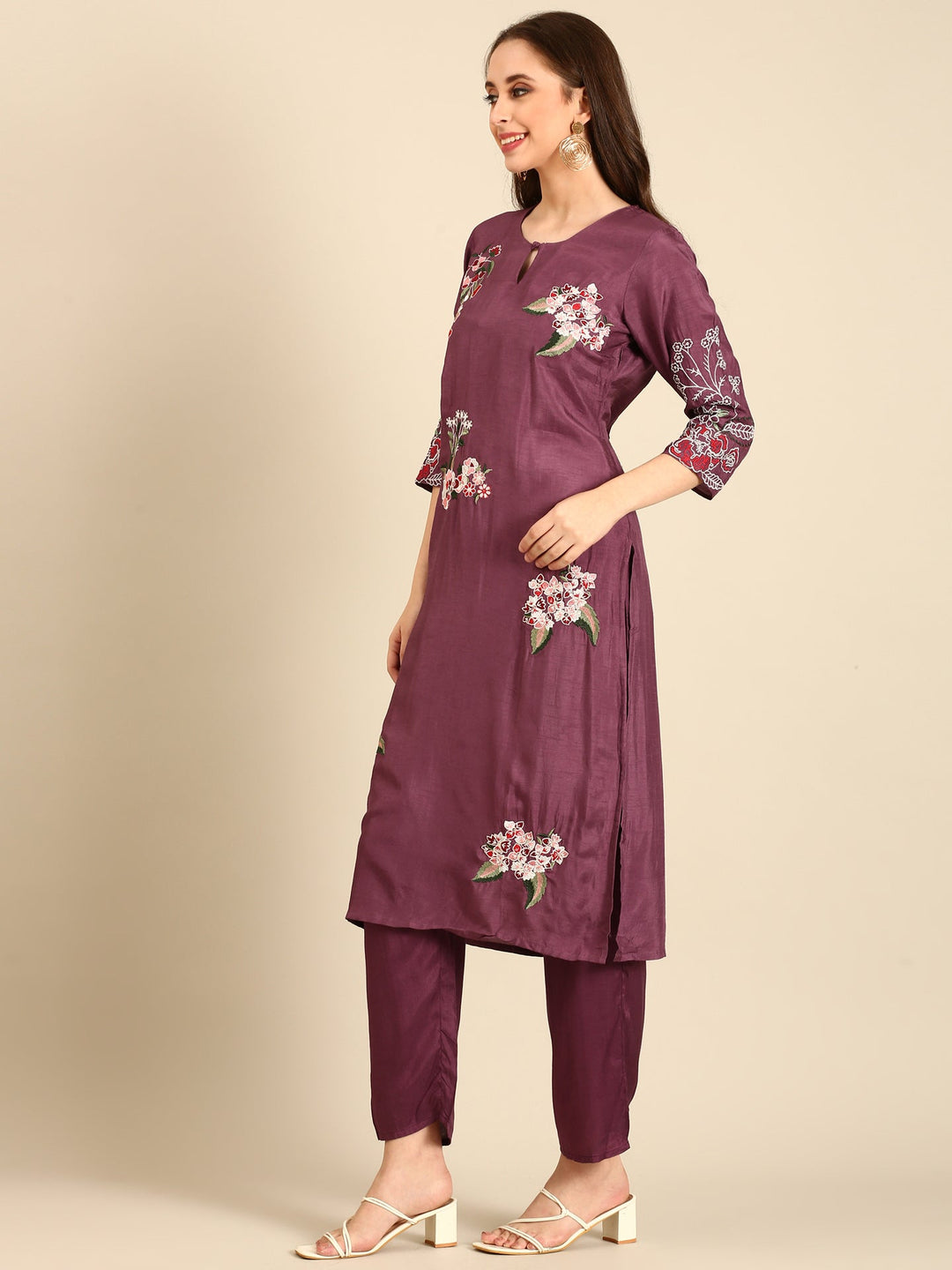Neerus Maroon modal embellished suit set - side view