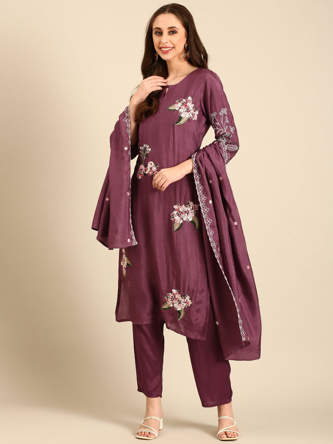 Neerus Maroon modal embellished suit set - front view