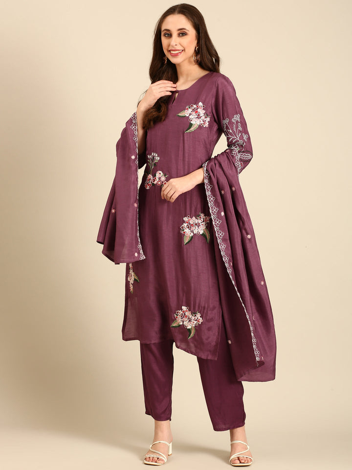 Wine thread and sequins embroidered three piece suit set