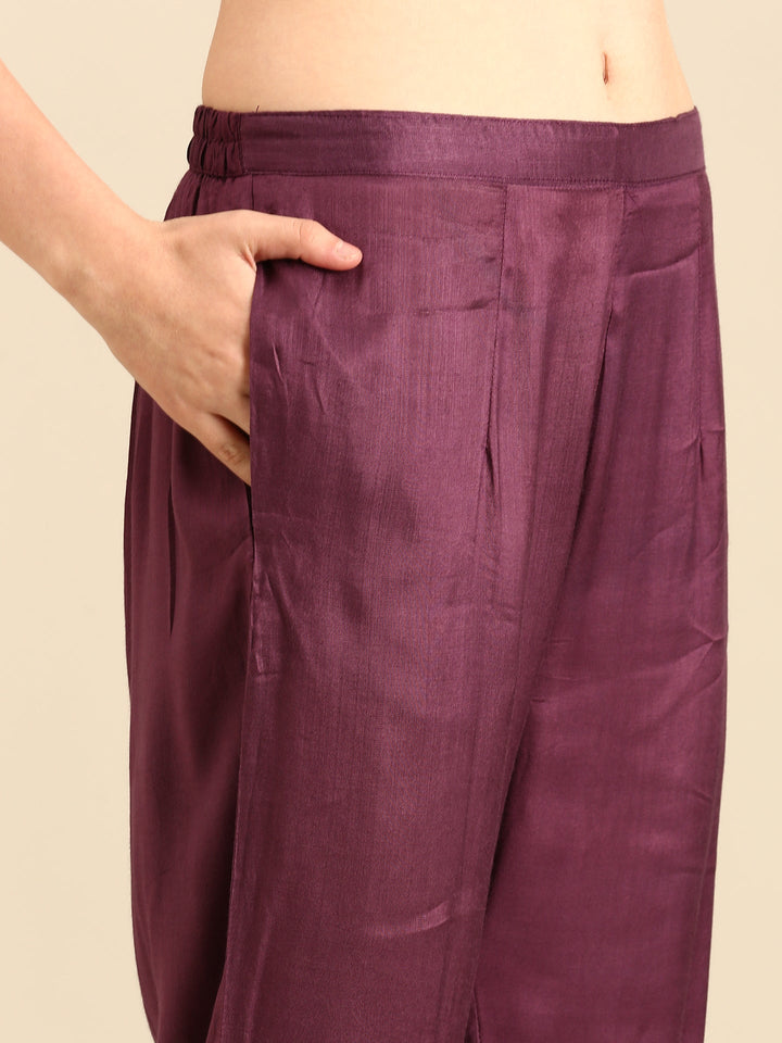 Wine thread and sequins embroidered three piece suit set