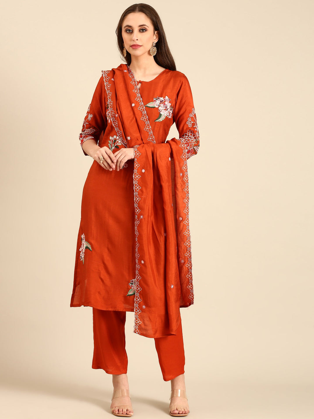 Neerus Orange Modal embellished suit set - back view