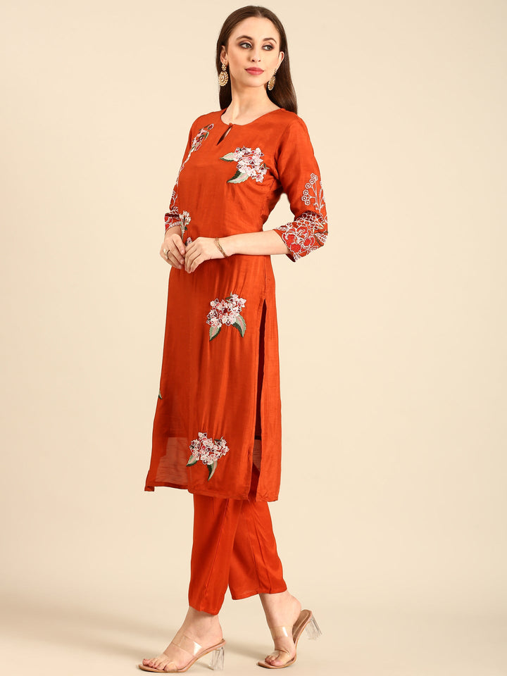 Neerus Orange Modal embellished suit set - side view