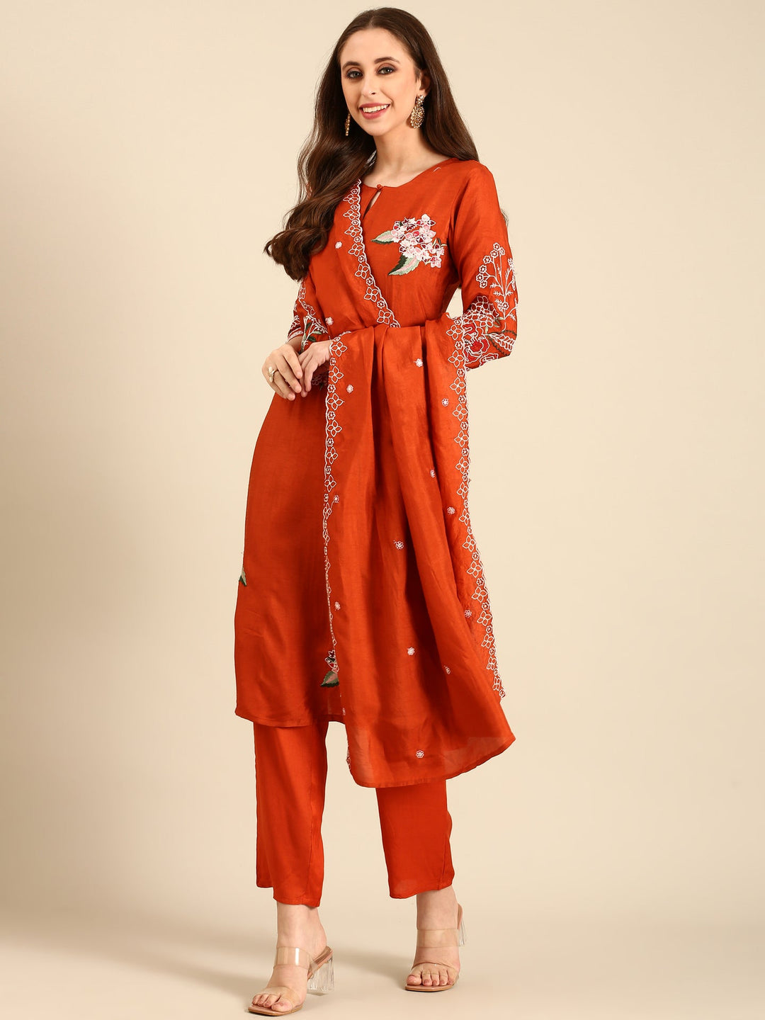 Neerus Orange Modal embellished suit set - front view
