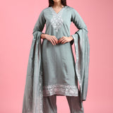 Aqua Modal Silk Embroidery Three Piece Suit Set