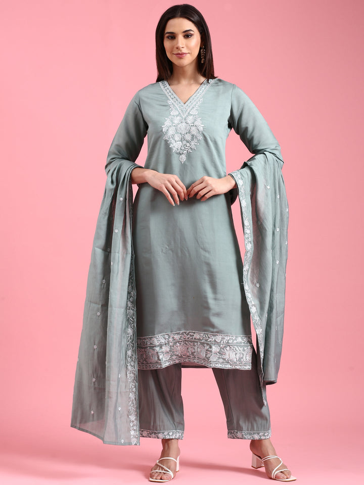 Aqua Modal Silk Embroidery Three Piece Suit Set