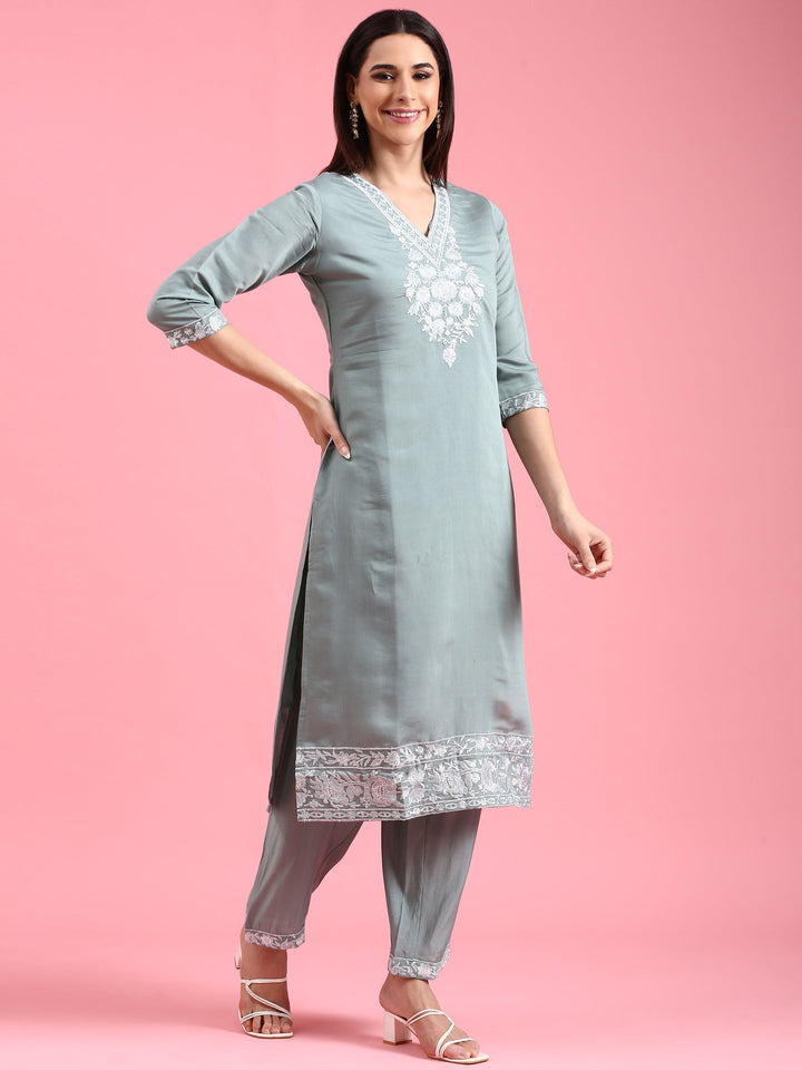 Aqua Modal Silk Embroidery Three Piece Suit Set
