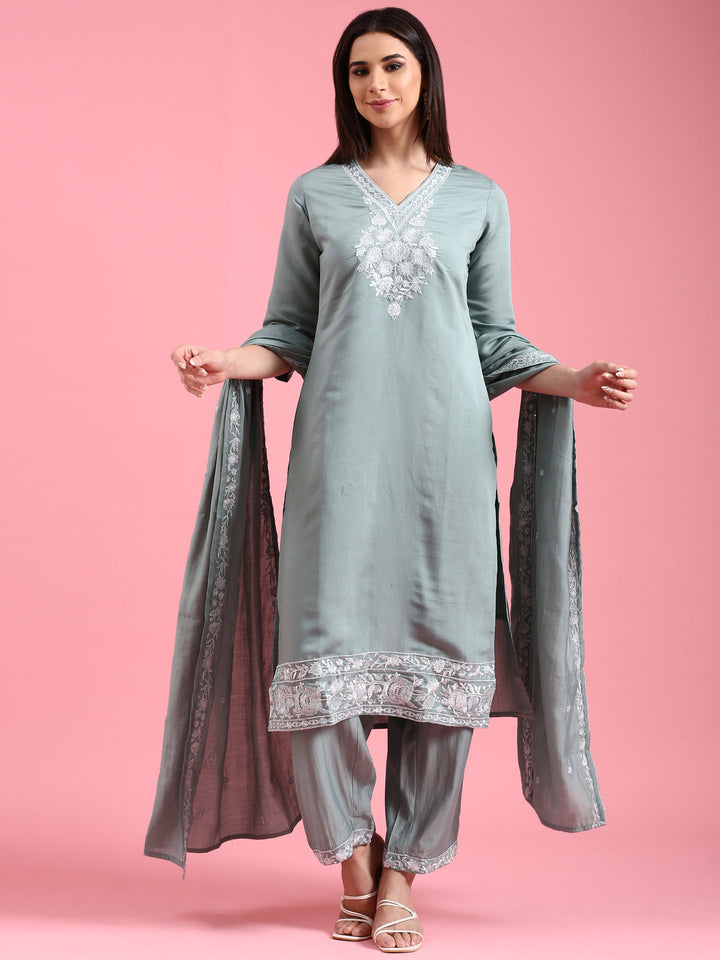 Aqua Modal Silk Embroidery Three Piece Suit Set