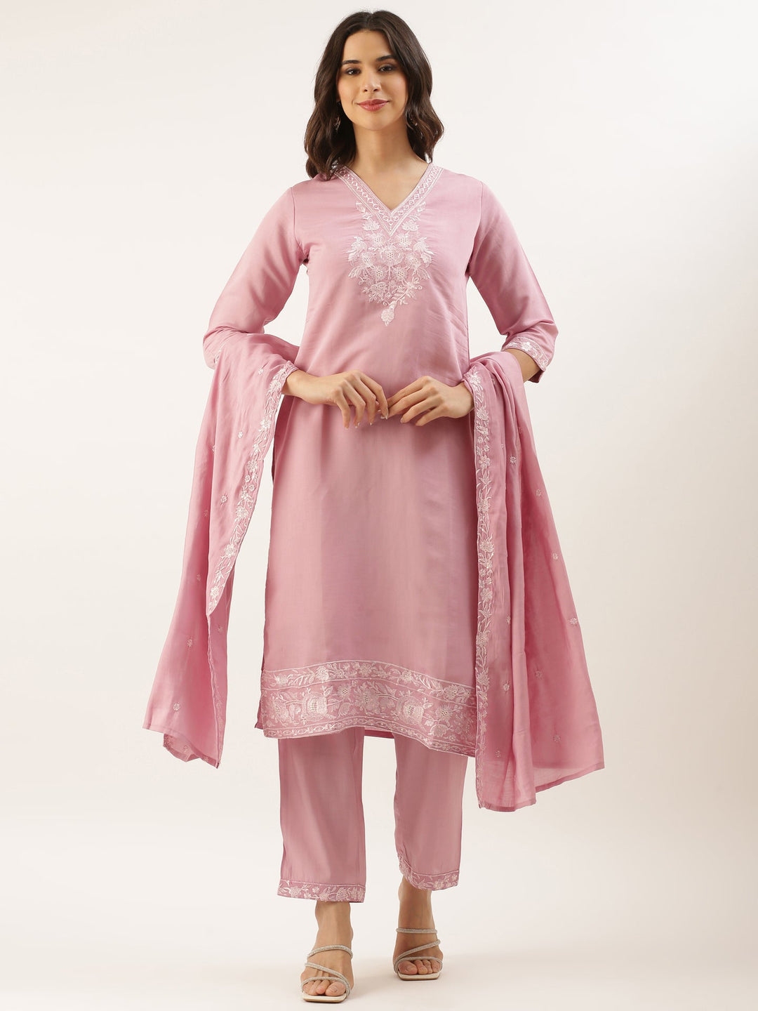 Neerus Pink modal embroidered suit set - front view