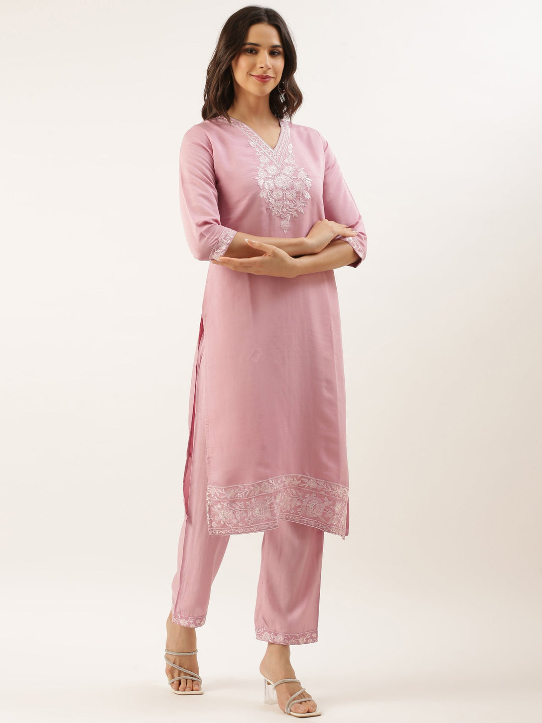 Neerus Pink modal embroidered suit set - back view