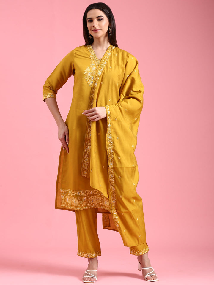 Mustard Modal Silk Embroidery Three Piece Suit Set