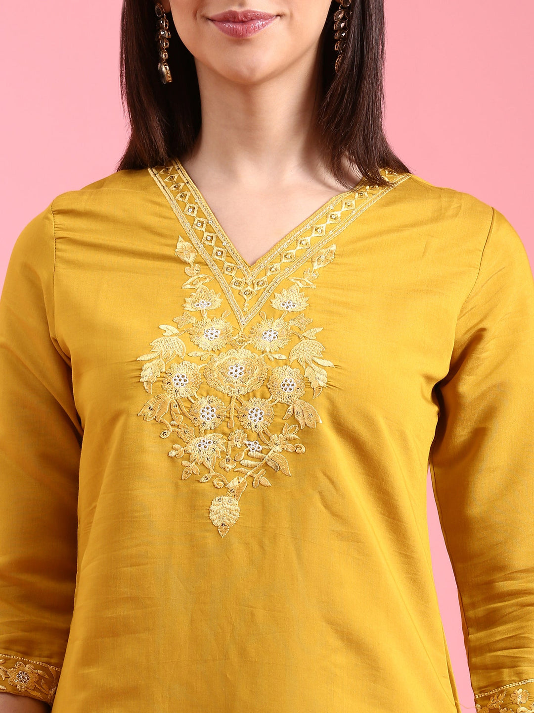 Neerus Yellow modal embroidered suit set - detail view 1