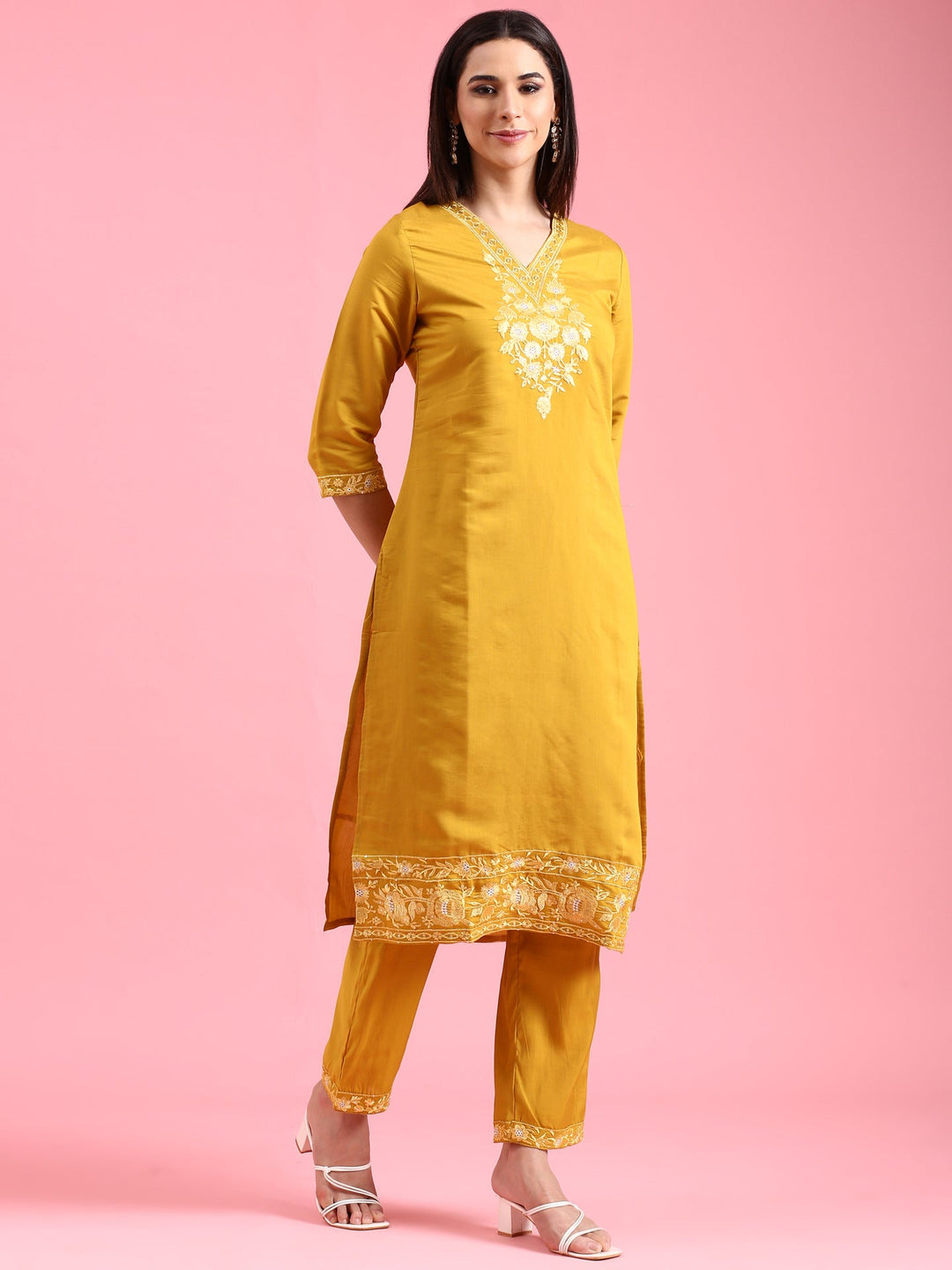 Neerus Yellow modal embroidered suit set - back view